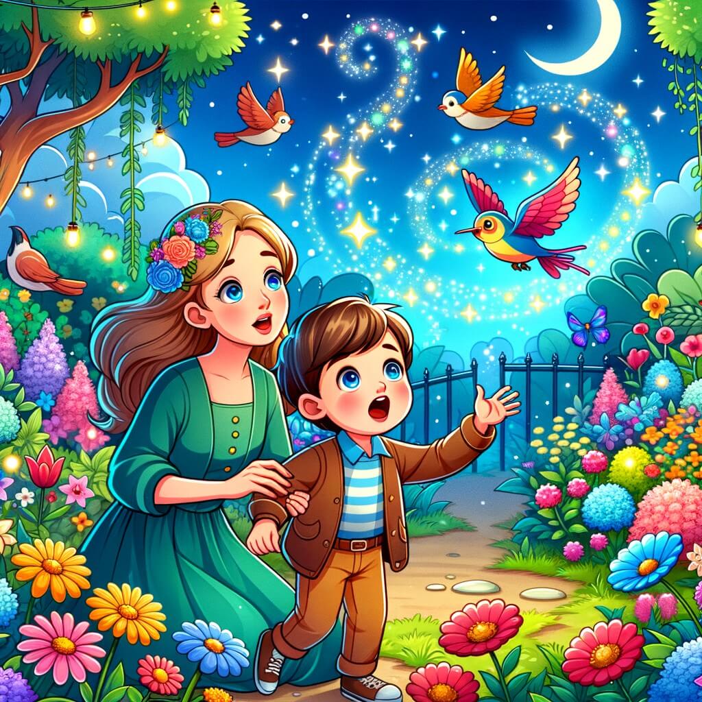 Une illustration destinée aux enfants représentant un petit garçon fasciné par un écran magique, accompagné de sa maman bienveillante, explorant un magnifique parc plein de fleurs colorées et d'oiseaux chantants.