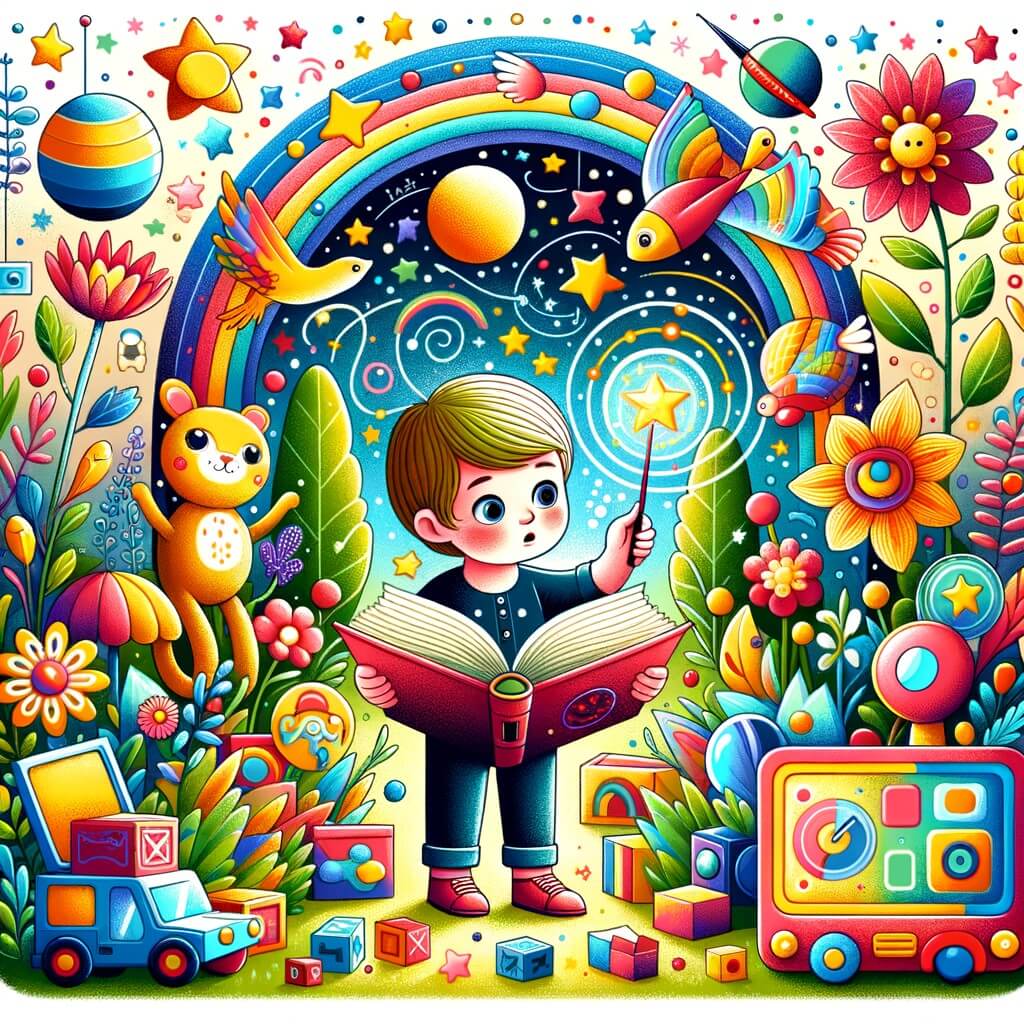 Une illustration pour enfants représentant un petit garçon qui passe trop de temps devant les écrans, cherchant un équilibre entre la vie virtuelle et la vie réelle, dans un environnement familial chaleureux.