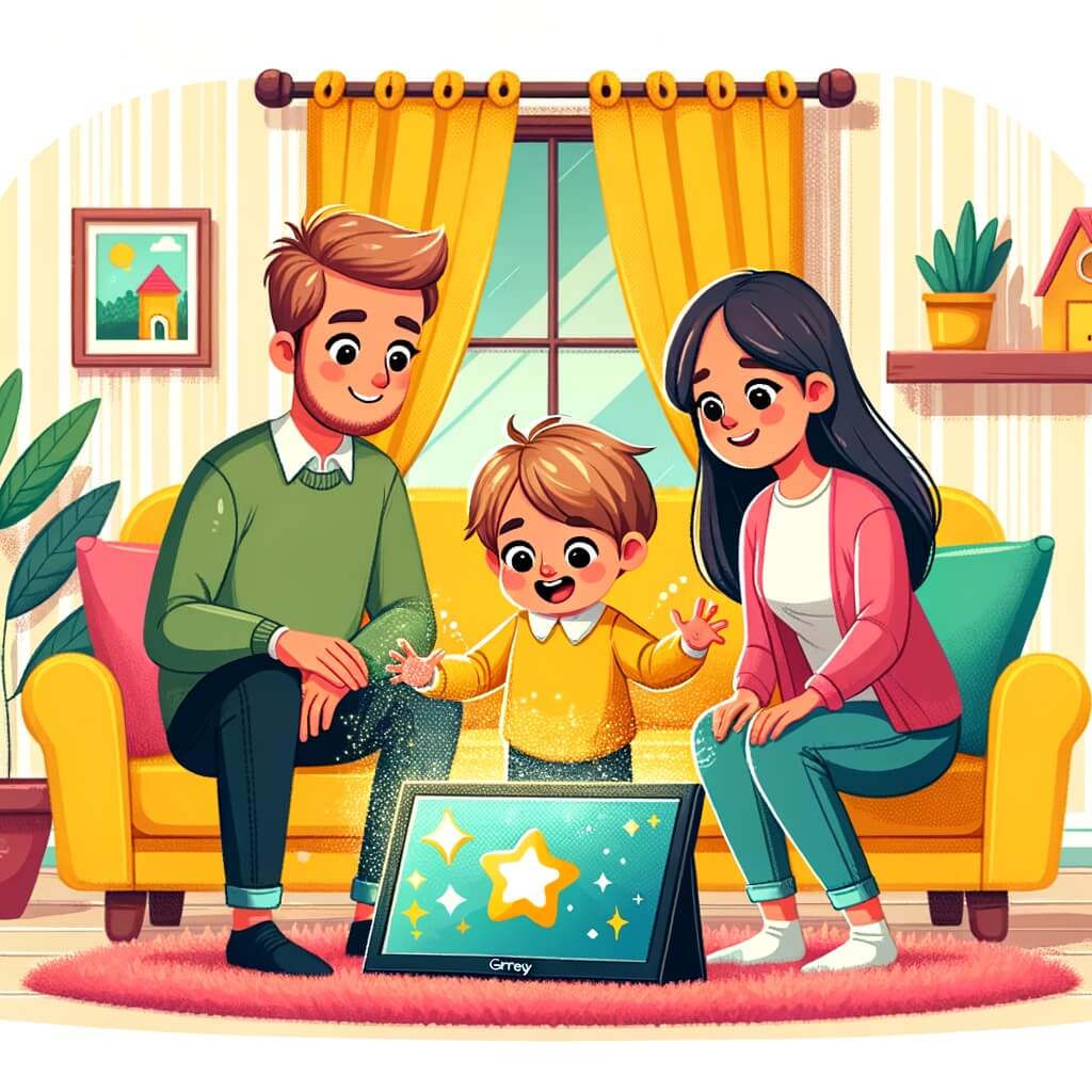 Une illustration destinée aux enfants représentant un petit garçon curieux découvrant un écran magique, accompagné de ses parents bienveillants, dans un salon chaleureux avec des murs jaunes, un tapis moelleux et des rideaux aux couleurs vives.
