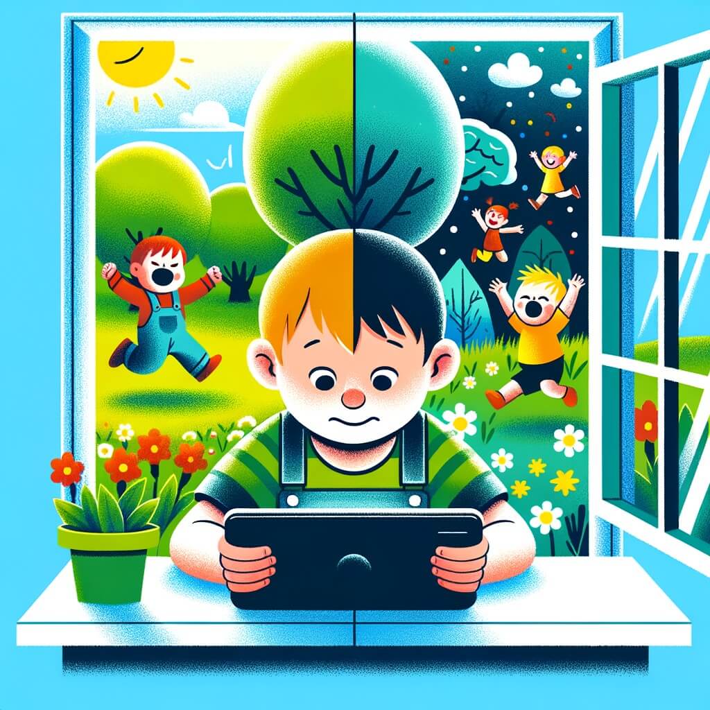 Une illustration destinée aux enfants représentant un petit garçon souriant, plongé dans les couleurs vives de sa tablette, accompagné d'un ami triste, tandis que le monde extérieur, avec ses arbres verdoyants et ses enfants jouant joyeusement, se reflète dans la fenêtre de sa chambre.