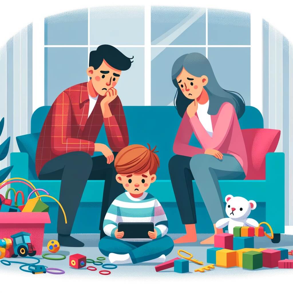 Une illustration destinée aux enfants représentant un petit garçon captivé par un écran, accompagné de ses parents inquiets, dans une chambre colorée remplie de jouets éparpillés.