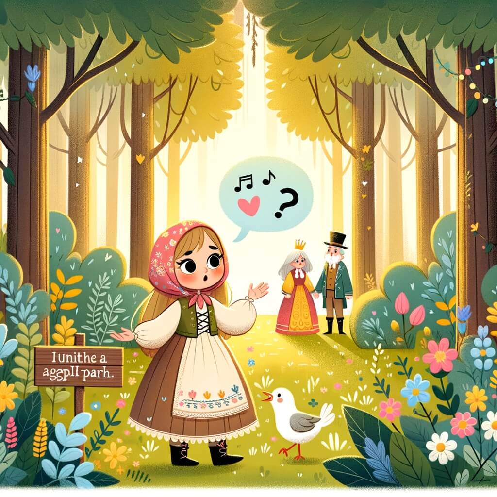 Une illustration destinée aux enfants représentant une petite fille perdue au milieu d'une forêt enchantée, cherchant une solution pour réunir ses parents qui se disputent, avec pour seul compagnon un petit oiseau chantant, dans une clairière lumineuse entourée de fleurs colorées et d'arbres majestueux.