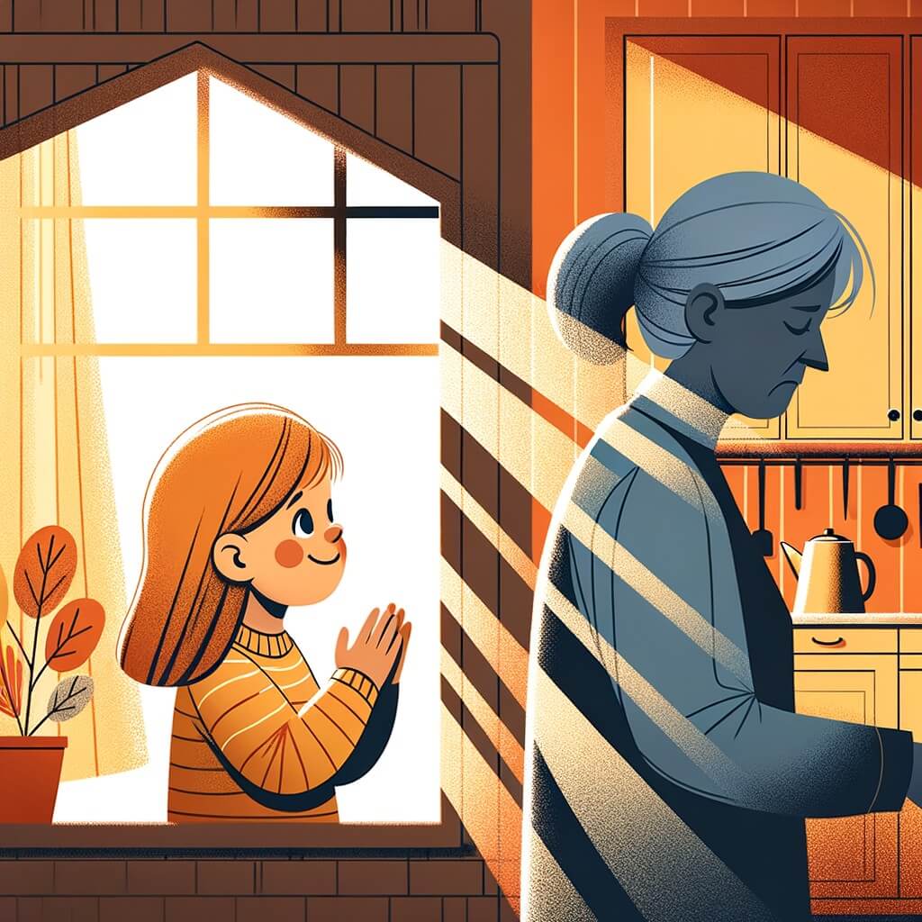 Une illustration destinée aux enfants représentant une petite fille pleine d'espoir, confrontée à la séparation de ses parents, accompagnée de sa maman en détresse, dans une maison chaleureuse avec des rayons de soleil qui illuminent la cuisine.