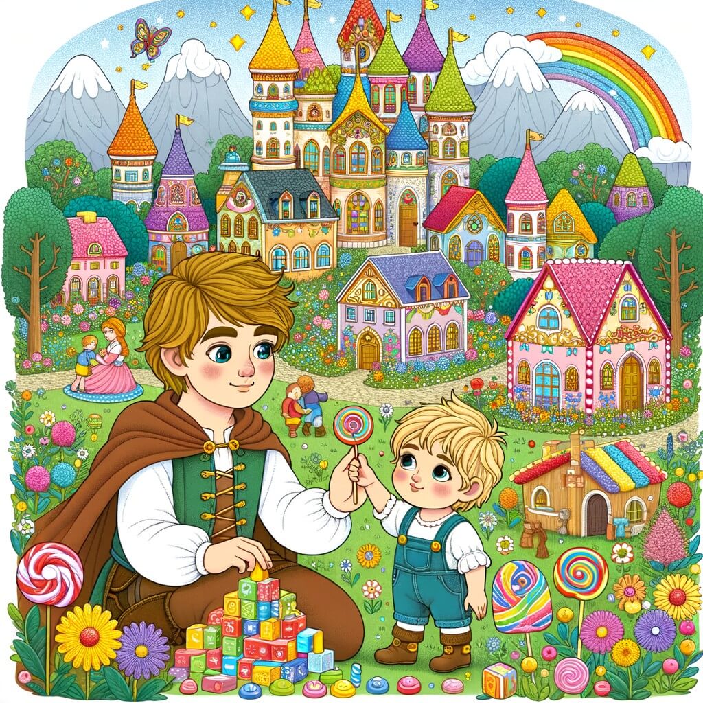 Une illustration destinée aux enfants représentant un petit garçon plein de curiosité, accompagné de son papa, construisant une ville colorée et animée, remplie de maisons en forme de bonbons et de ponts en arc-en-ciel, dans leur jardin enchanté parsemé de fleurs et d'arbres majestueux.