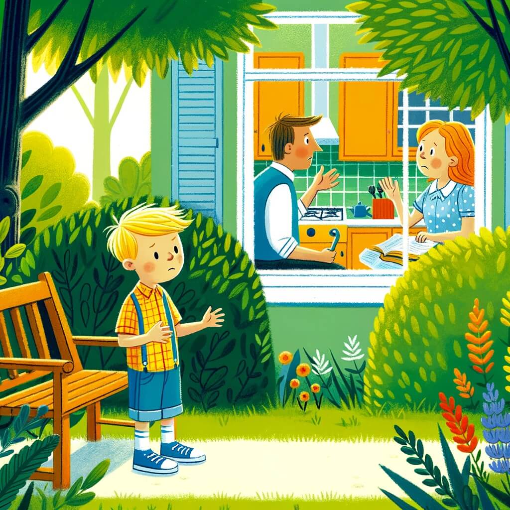 Une illustration destinée aux enfants représentant un petit garçon aux cheveux blonds, se tenant sur un banc dans un parc verdoyant, écoutant ses parents se disputer à travers la fenêtre de la cuisine.