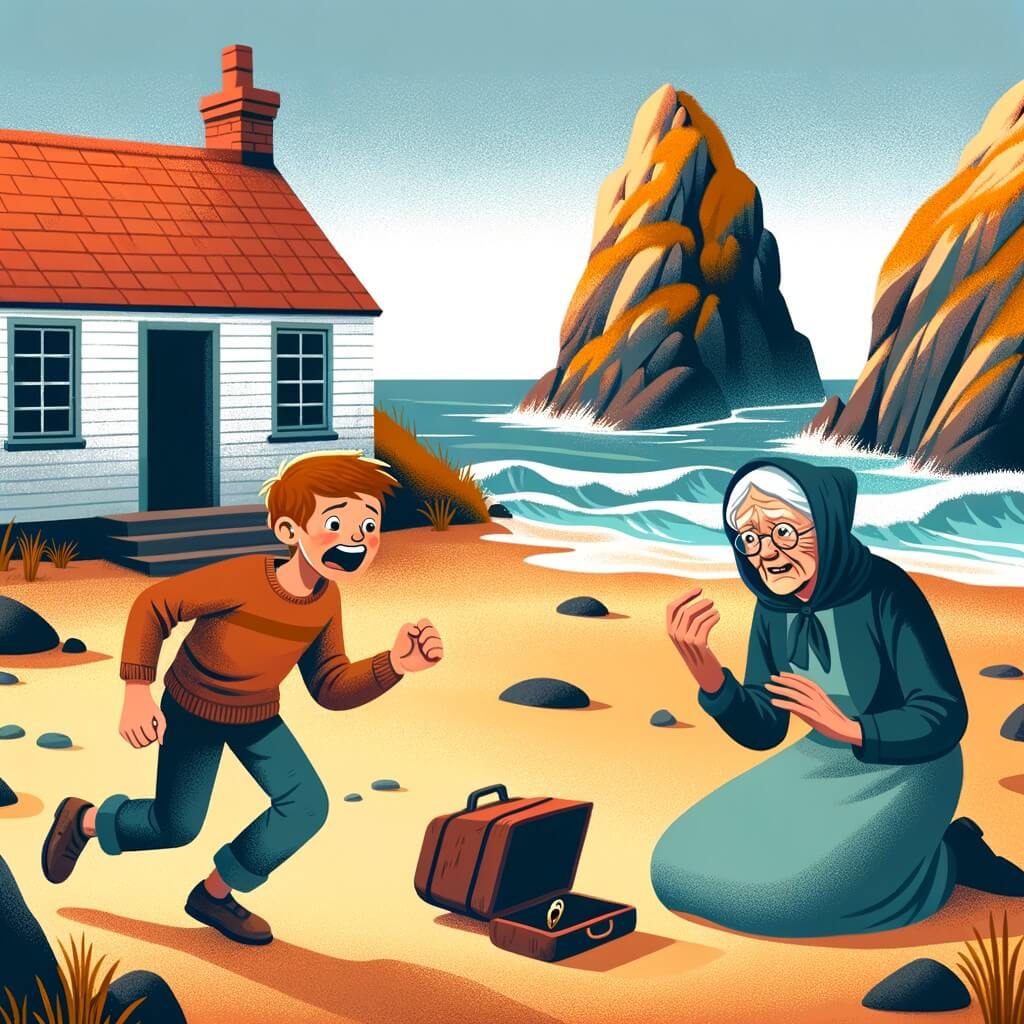 Une illustration pour enfants représentant un petit garçon curieux et plein d'énergie, cherchant son trésor perdu, sur une plage ensoleillée au bord de la mer.