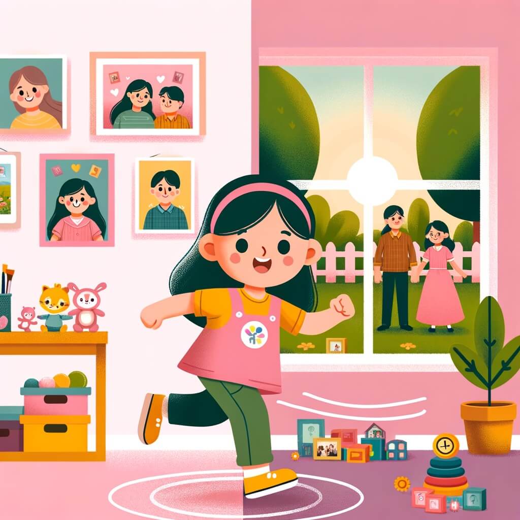 Une illustration pour enfants représentant une petite fille espiègle et curieuse, confrontée à la tristesse de ses parents, dans une maison pleine de mystères.