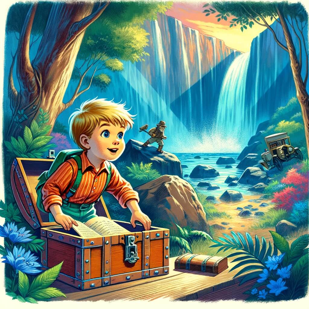 Une illustration pour enfants représentant un petit garçon curieux et énergique qui découvre un secret familial dans une vieille malle au grenier, déclenchant ainsi un voyage vers une cascade mystérieuse.