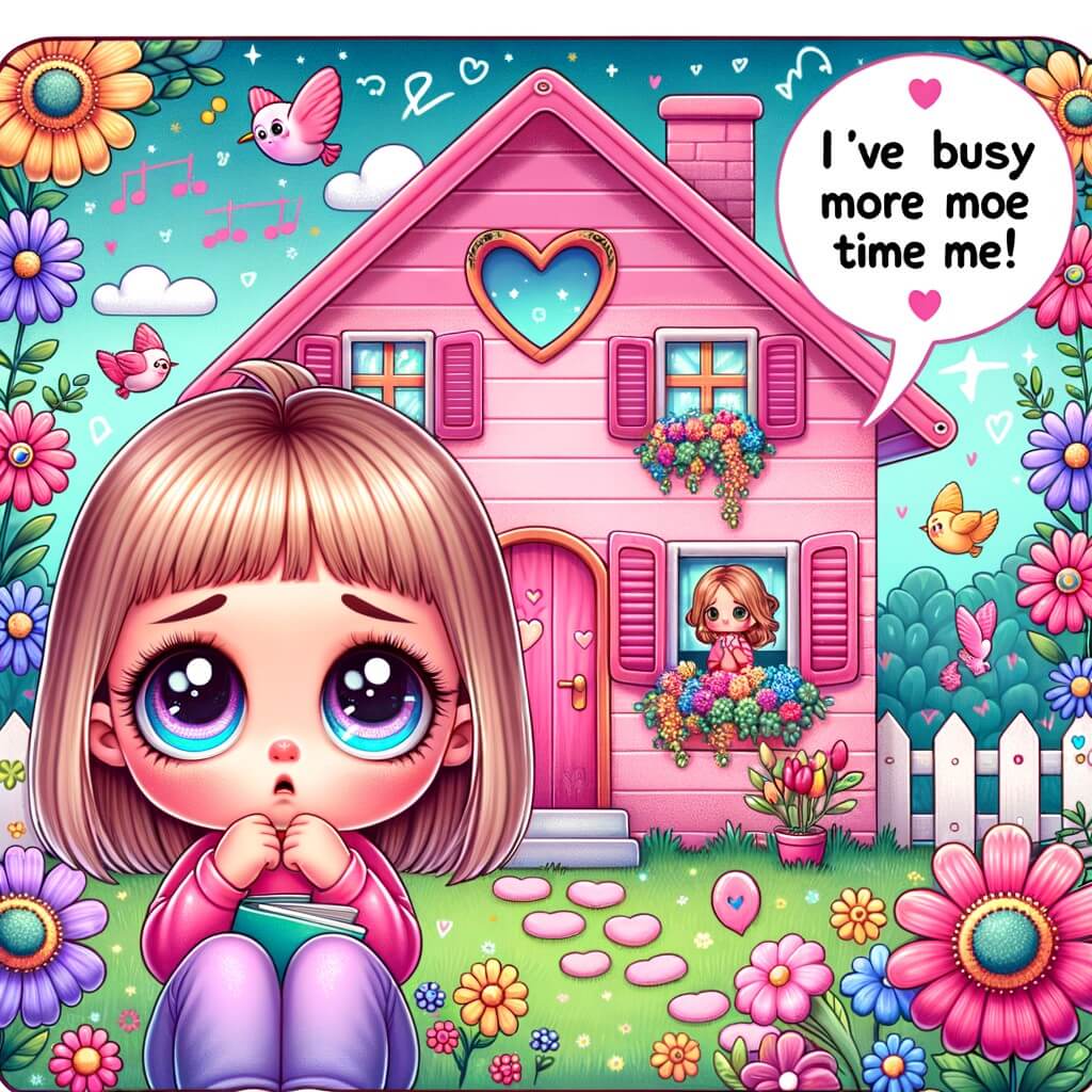 Une illustration destinée aux enfants représentant une petite fille aux grands yeux curieux, se sentant seule et triste, qui demande à sa maman occupée de passer plus de temps avec elle, dans une maison rose avec des volets en forme de cœurs, entourée de fleurs multicolores et d'oiseaux chantants.