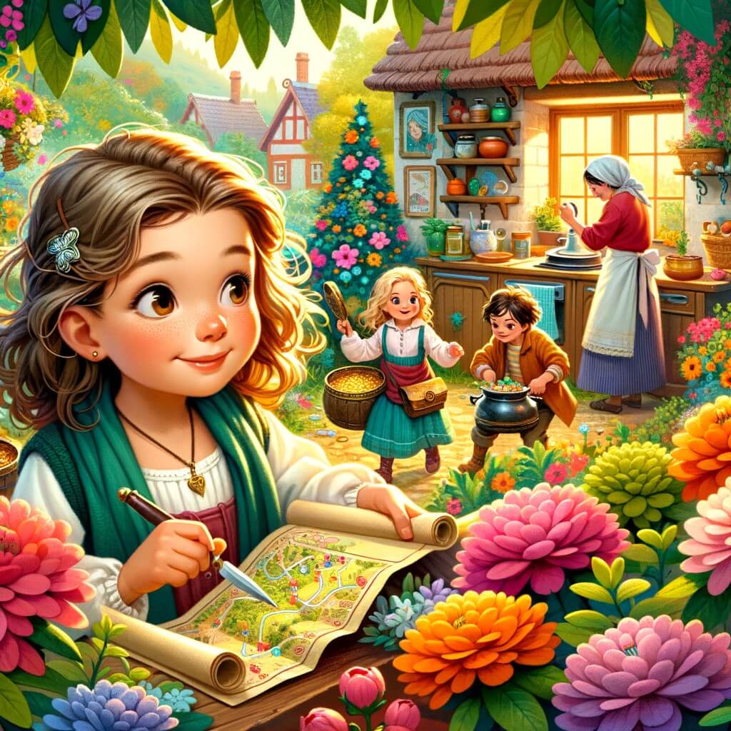 Une illustration destinée aux enfants représentant une petite fille curieuse organisant une chasse au trésor avec ses amis dans un jardin fleuri, tandis que sa maman prépare le dîner dans une cuisine chaleureuse.