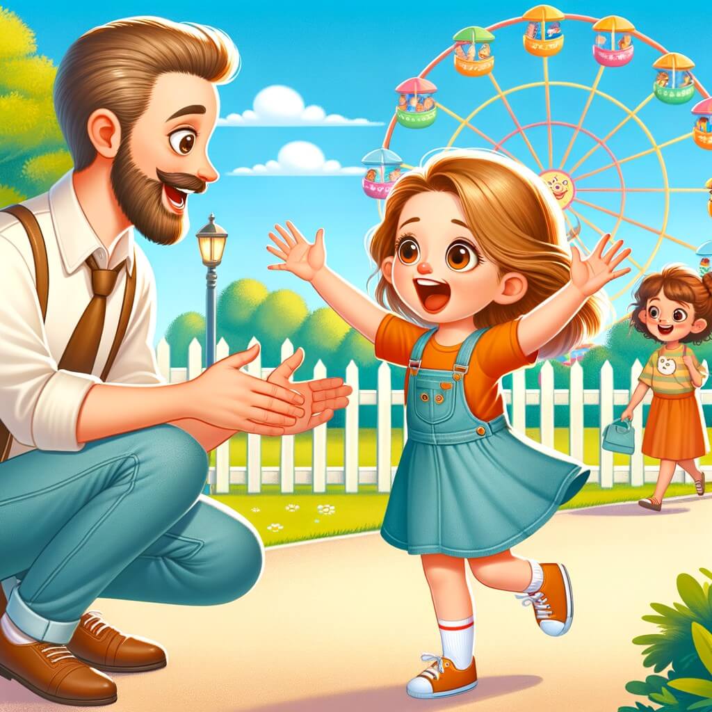 Une illustration pour enfants représentant une petite fille pleine d'excitation, sur le point de retrouver son papa après une longue séparation, dans un parc d'attractions ensoleillé.