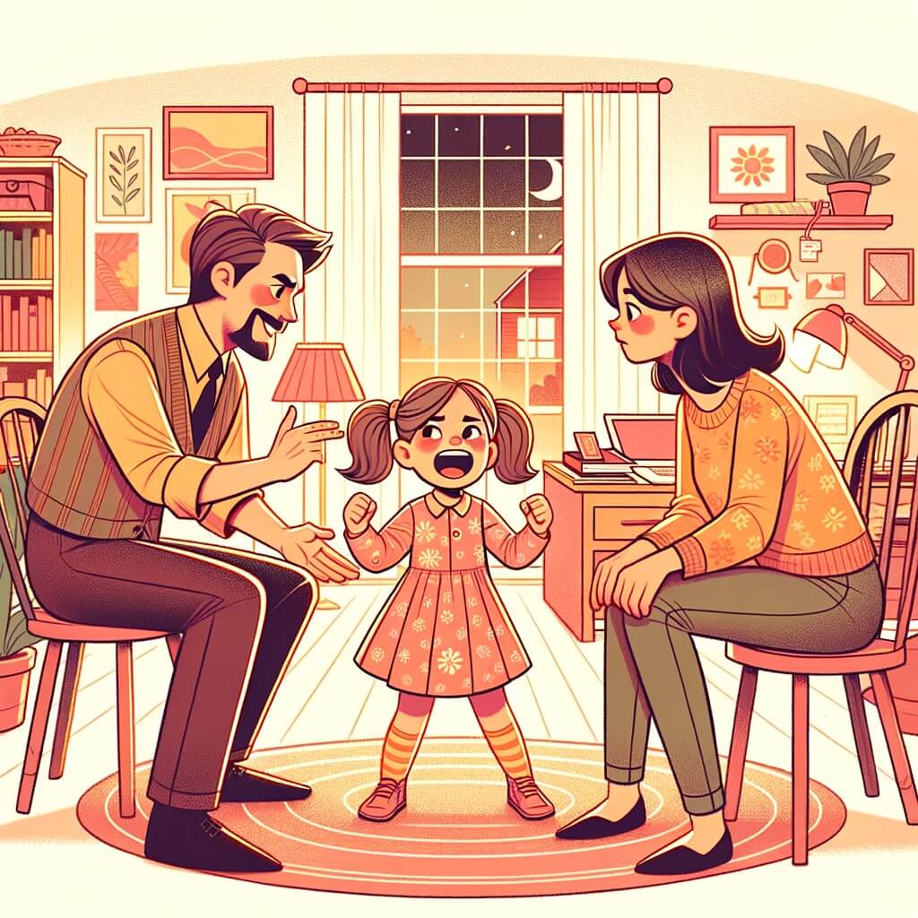 Une illustration destinée aux enfants représentant une petite fille pleine de vie et de curiosité, qui doit faire face à sa mère exigeante et à son père compréhensif, dans une maison chaleureuse avec un bureau rempli de livres et un lit douillet.