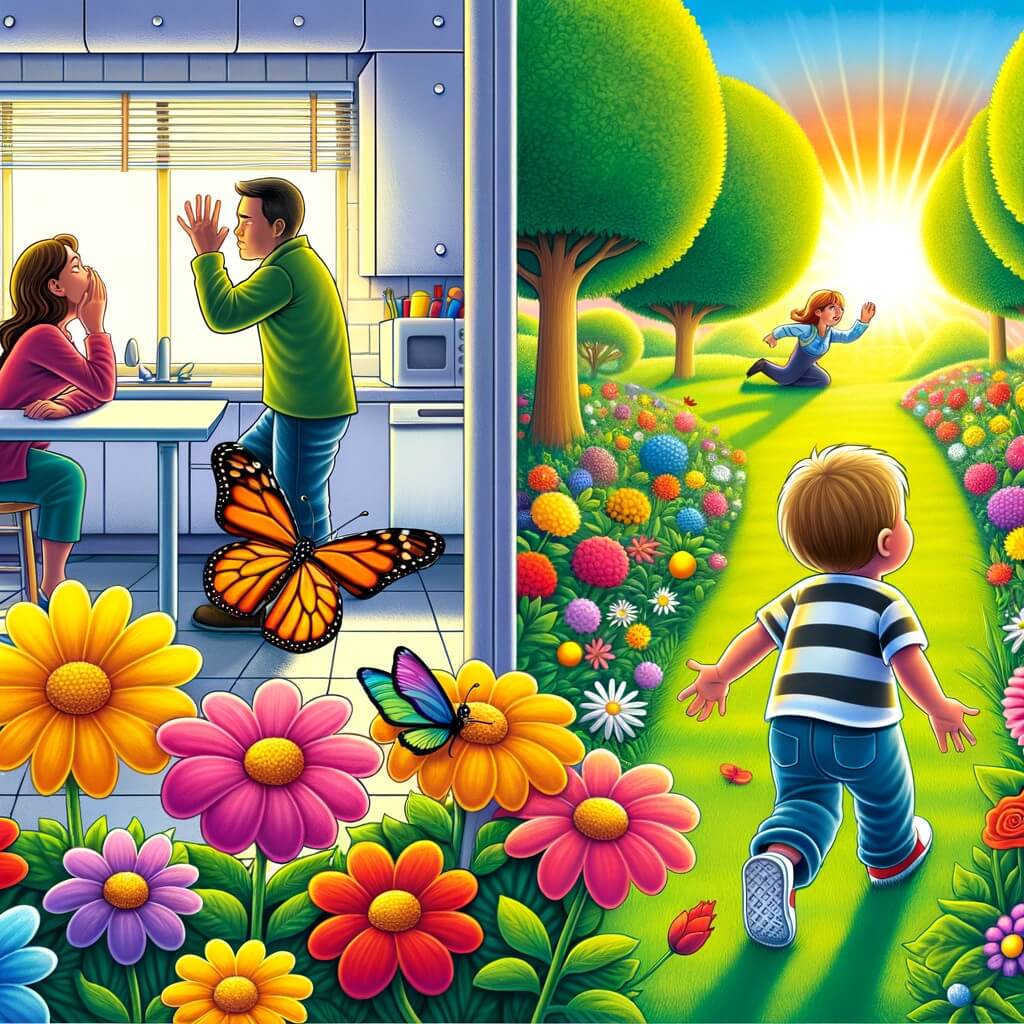 Une illustration pour enfants représentant un petit garçon confronté à une dispute de ses parents à la maison, qui décide de prendre l'air en se promenant avec eux dans un parc.