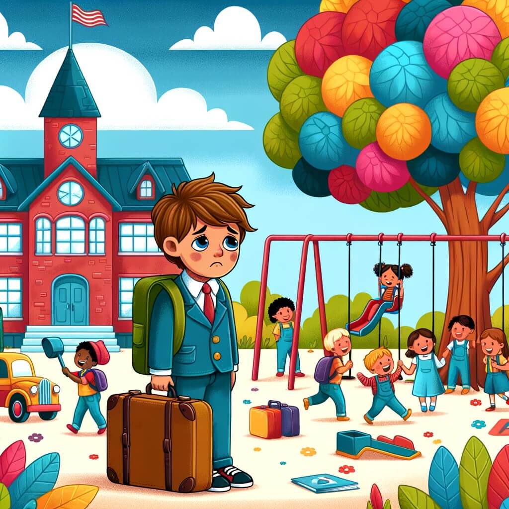 Une illustration pour enfants représentant un petit garçon qui doit faire face à la séparation de ses parents et qui doit trouver sa place dans une nouvelle école.