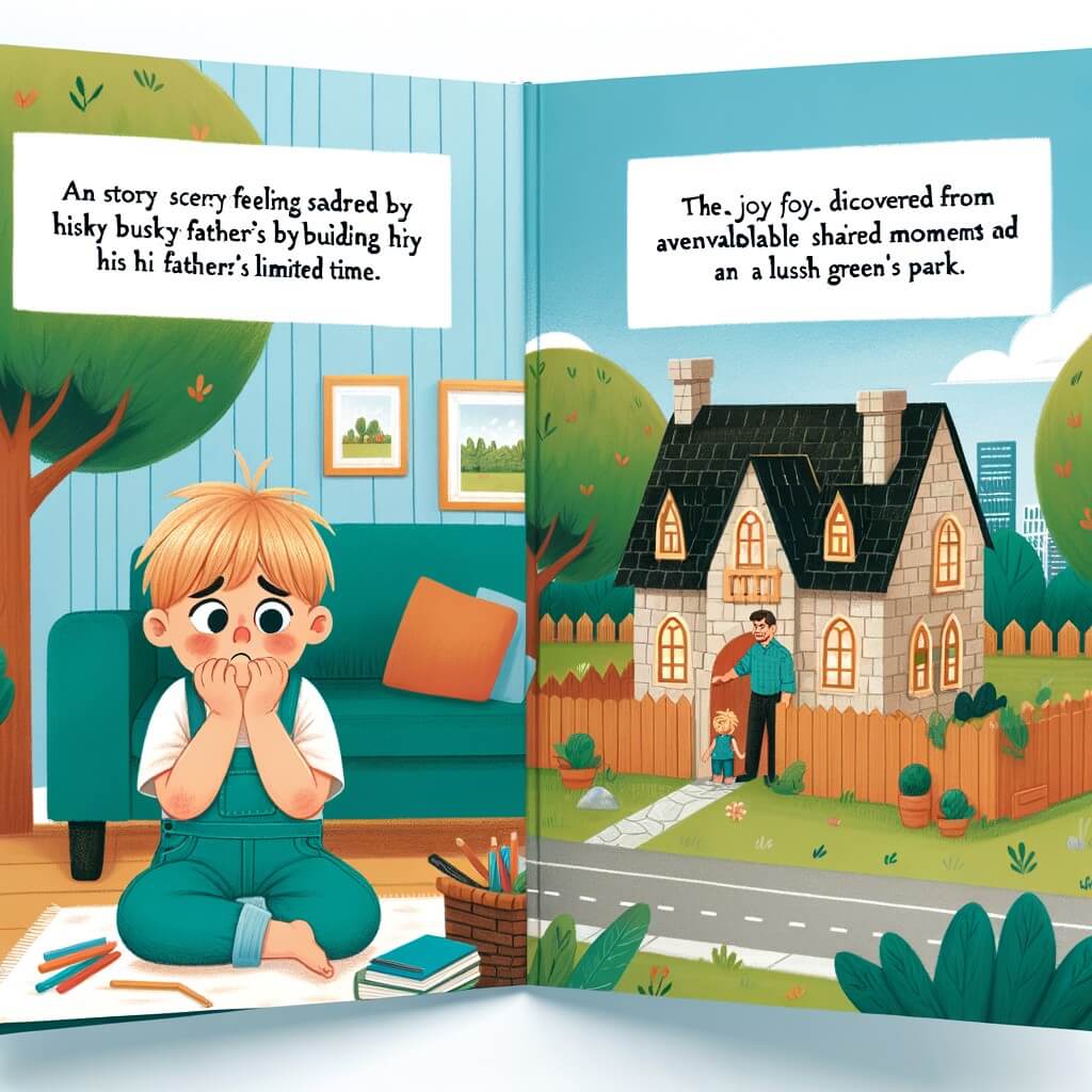 Une illustration pour enfants représentant un petit garçon triste qui vit dans une petite maison en banlieue avec sa mère douce et aimante et son père fort et travailleur, qui est souvent absent pour son travail à l'usine.