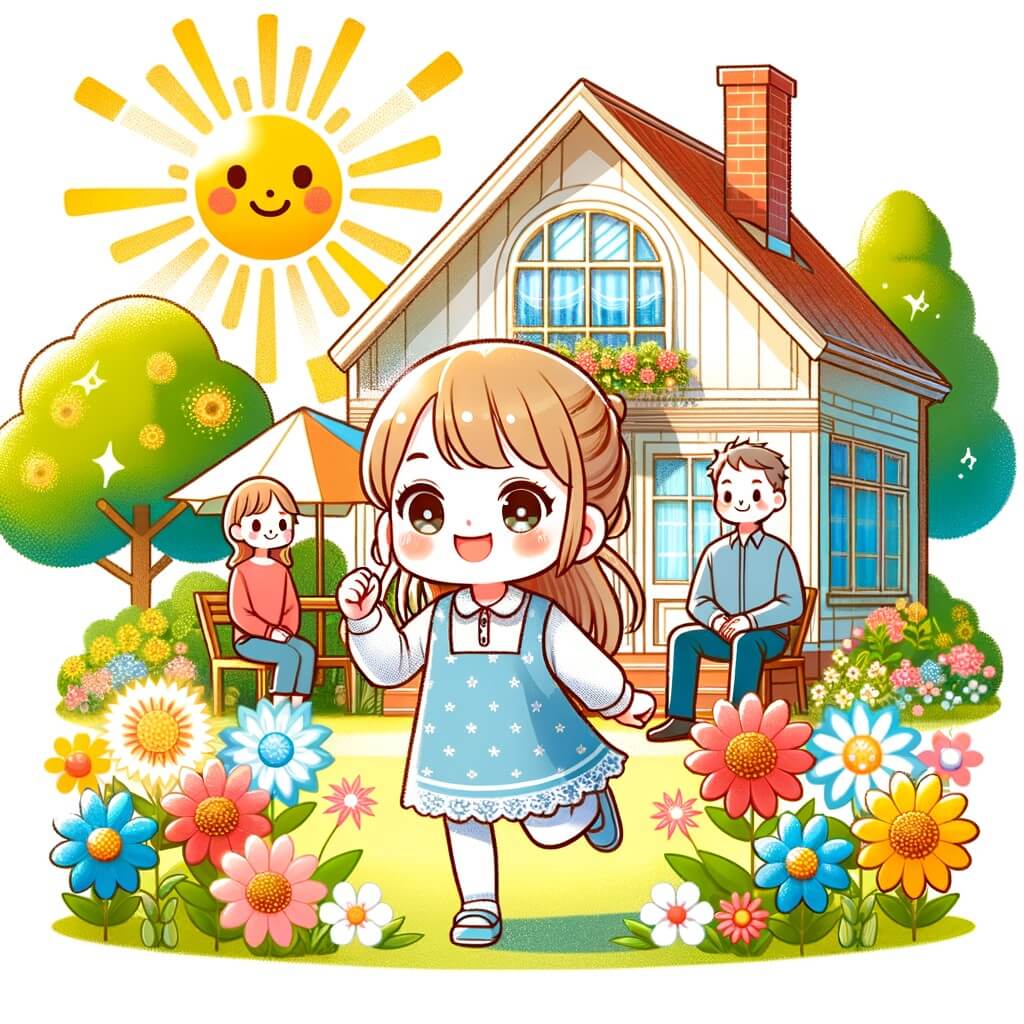 Une illustration destinée aux enfants représentant une petite fille curieuse et pleine d'énergie, vivant avec ses parents dans une charmante maison ensoleillée entourée d'un grand jardin fleuri.
