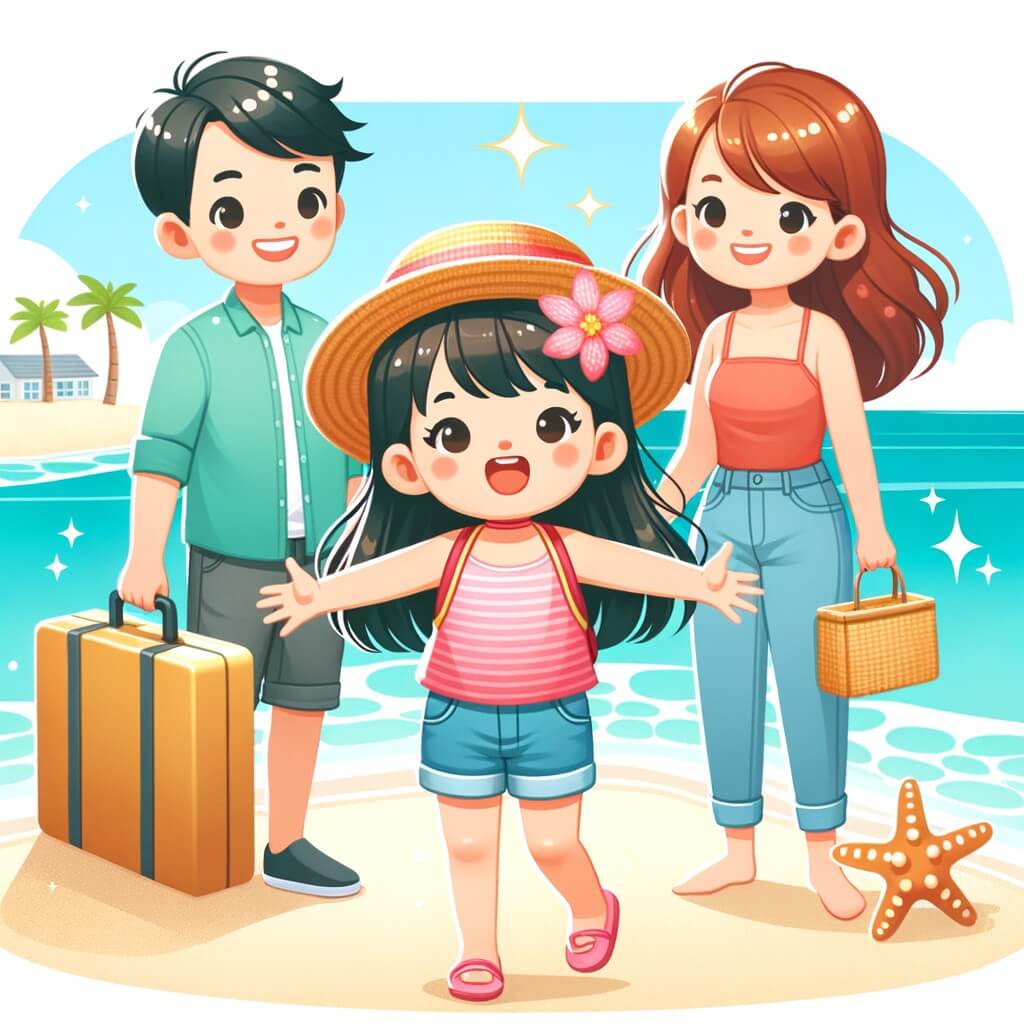 Une illustration destinée aux enfants représentant une petite fille pleine d'enthousiasme, se préparant pour des vacances d'été, accompagnée de sa famille, sur une plage bordée de sable doux et d'une mer turquoise scintillante.