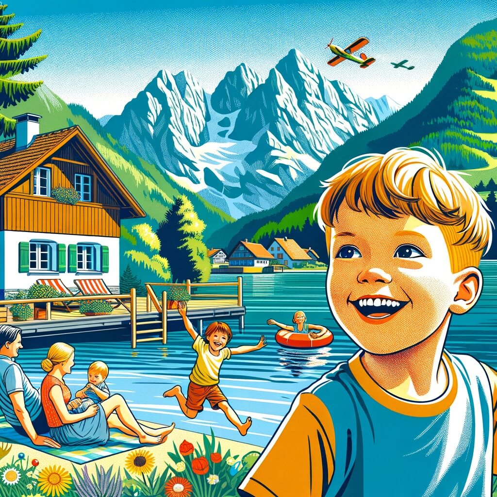 Une illustration destinée aux enfants représentant un petit garçon plein d'enthousiasme, vivant des aventures estivales avec sa famille dans un chalet pittoresque au bord d'un lac, entouré de majestueuses montagnes verdoyantes.