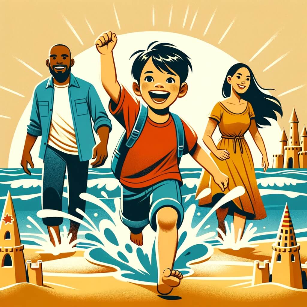 Une illustration pour enfants représentant un petit garçon excité pour les vacances d'été, qui passe du temps à la plage avec sa famille et découvre de nouveaux endroits à la campagne.