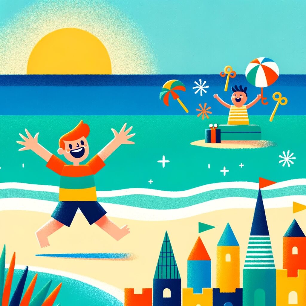 Une illustration destinée aux enfants représentant un petit garçon plein d'enthousiasme, vivant des aventures estivales avec un nouvel ami, sur une plage ensoleillée bordée d'eau turquoise et de châteaux de sable colorés.