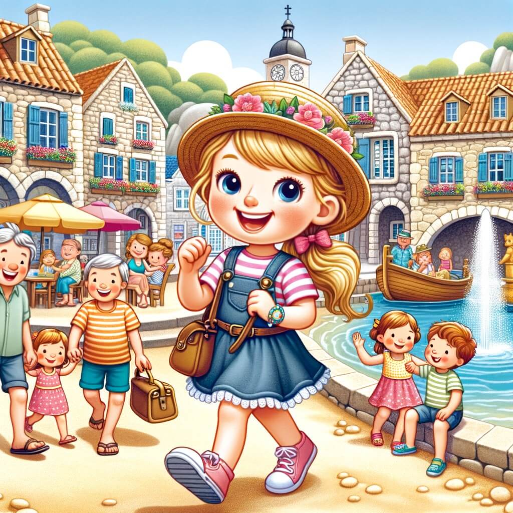 Une illustration destinée aux enfants représentant une petite fille pleine d'enthousiasme passant des vacances d'été inoubliables avec sa famille et se faisant de nouveaux amis dans un charmant village côtier avec des maisons en pierre, une place animée avec une fontaine et une plage de sable fin peu fréquentée.