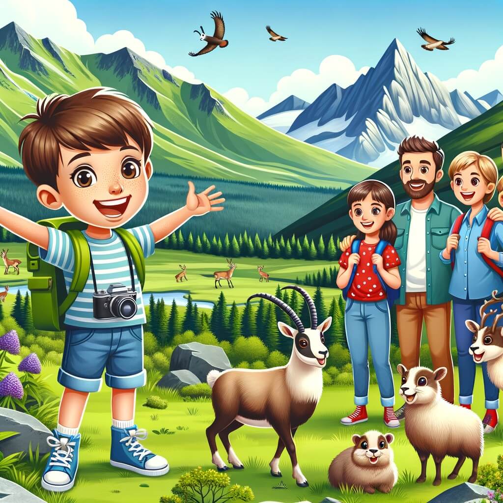 Une illustration destinée aux enfants représentant une petite fille pleine d'enthousiasme, vivant des aventures inoubliables lors de ses vacances d'été à la montagne, entourée de sa famille et découvrant des paysages majestueux avec des montagnes verdoyantes, des chamois, des cerfs et des marmottes curieuses.