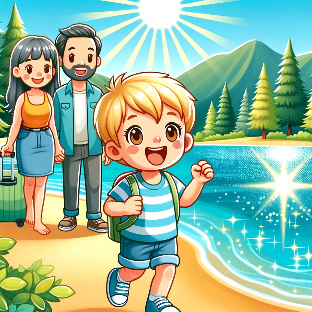 Une illustration destinée aux enfants représentant un petit garçon plein d'excitation, prêt à partir en vacances d'été, accompagné de sa famille, dans une forêt luxuriante entourant un magnifique lac étincelant sous le soleil.