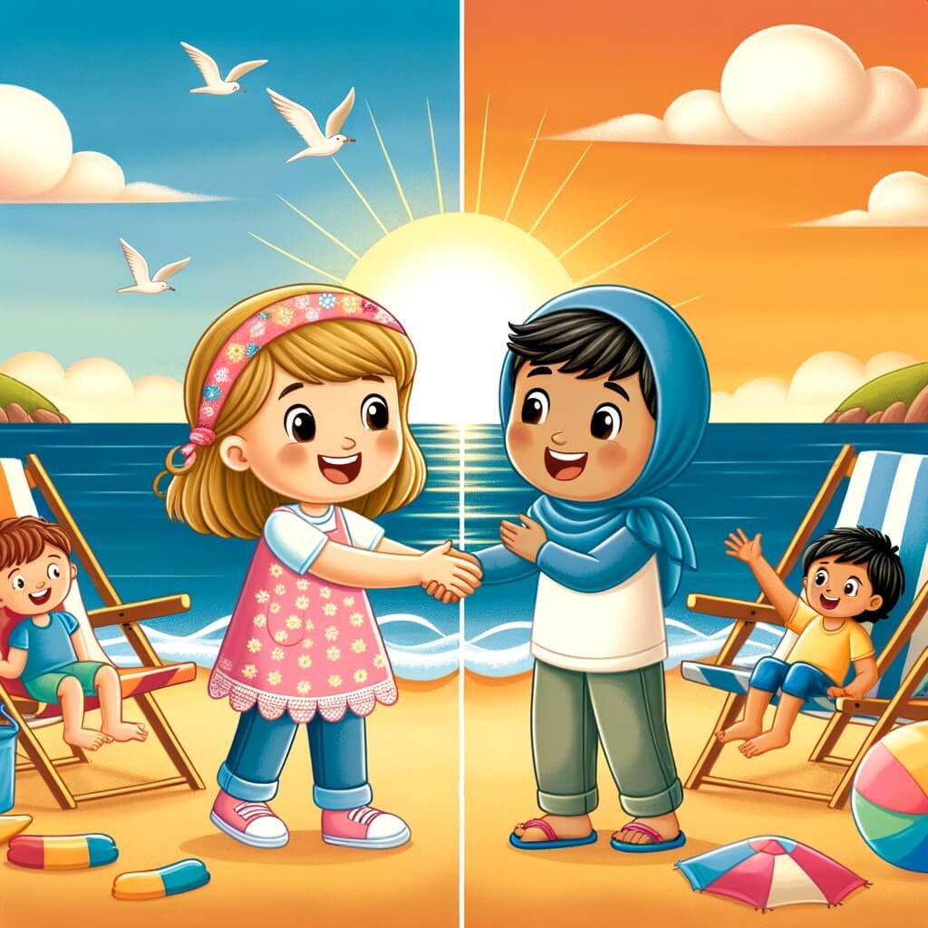 Une illustration destinée aux enfants représentant une petite fille pleine de joie passant des vacances ensoleillées à la plage, se liant d'amitié avec une autre enfant malade, dans un camping au bord de la mer avec des tentes colorées, des chaises de plage et un magnifique coucher de soleil en arrière-plan.
