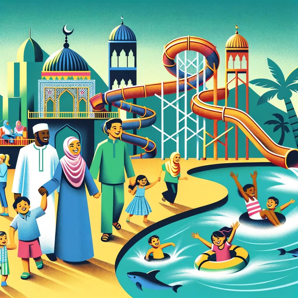 Une illustration destinée aux enfants représentant une petite fille joyeuse en vacances, accompagnée de sa famille, découvrant les merveilles d'un parc aquatique coloré avec des toboggans géants et une piscine à vagues, entourée d'enfants qui s'amusent.