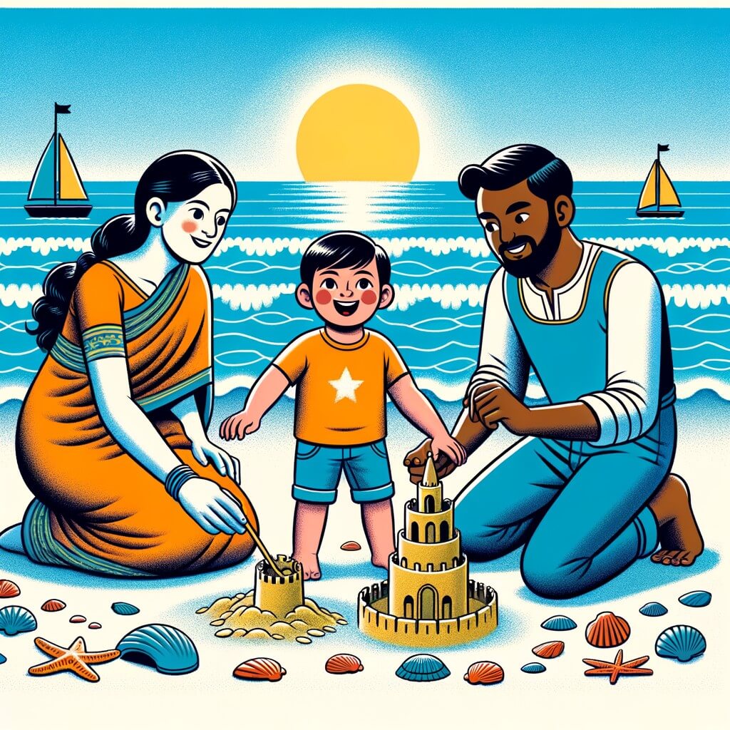 Une illustration destinée aux enfants représentant un petit garçon plein d'enthousiasme, construisant un château de sable avec l'aide de ses parents, entouré de coquillages et d'algues, sur une plage ensoleillée bordée d'une mer bleu azur scintillante.