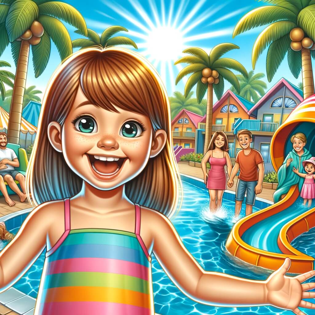 Une illustration pour enfants représentant une petite fille impatiente d'aller en vacances d'été avec sa famille dans un camping du sud de la France.