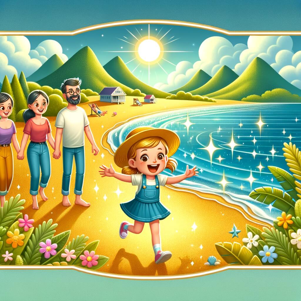 Une illustration destinée aux enfants représentant une petite fille pleine d'enthousiasme, vivant des aventures merveilleuses avec sa famille sur une plage de sable doré, entourée par l'océan bleu scintillant et des montagnes verdoyantes en arrière-plan.