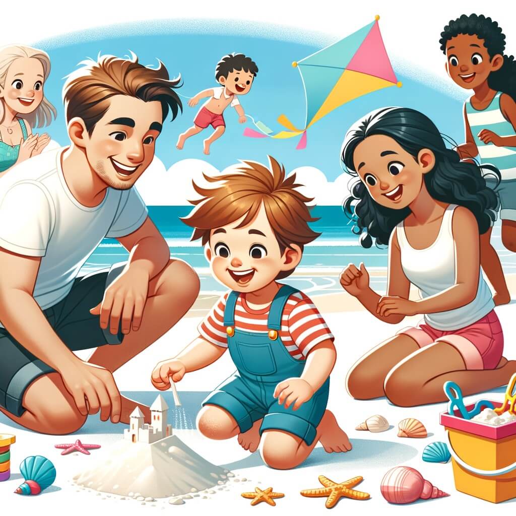 Une illustration destinée aux enfants représentant un petit garçon plein d'enthousiasme, vivant des aventures sur une plage de sable blanc, accompagné de ses parents et d'autres enfants, pendant les vacances d'été.