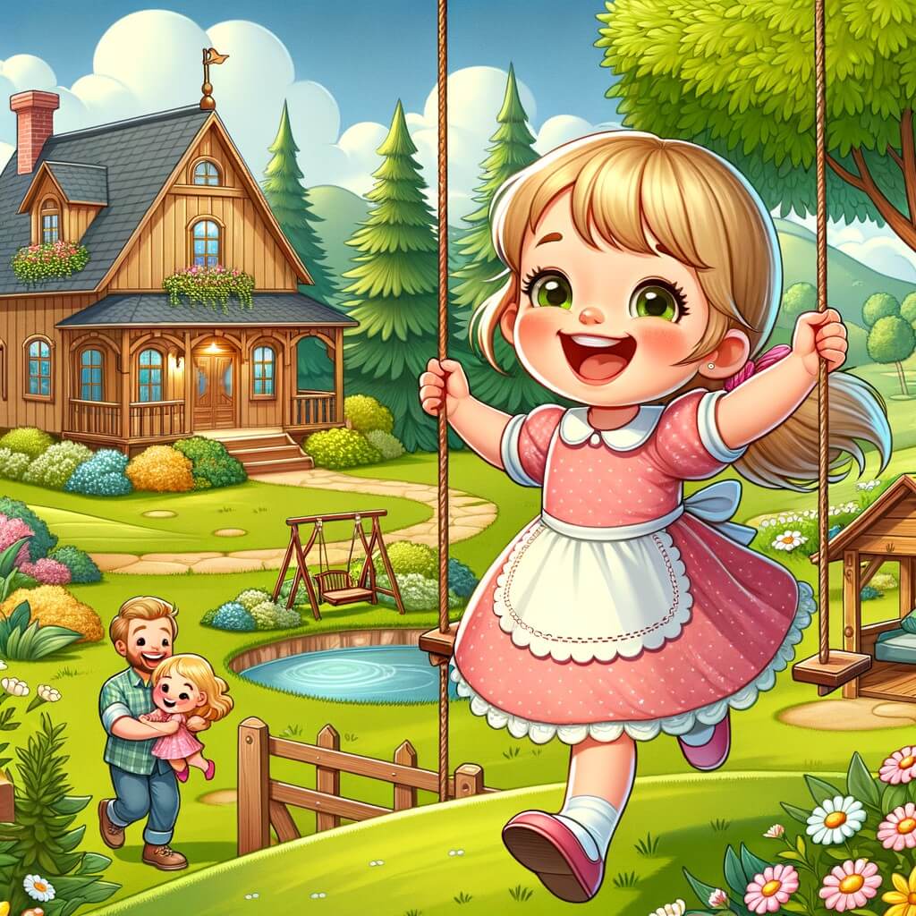 Une illustration pour enfants représentant une petite fille rayonnante de joie, vivant des aventures estivales dans une charmante maison de campagne entourée d'un magnifique jardin.