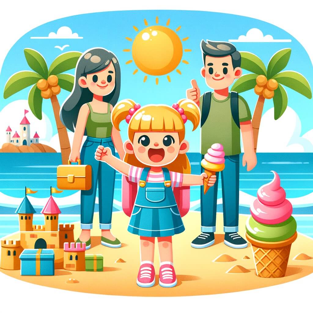 Une illustration pour enfants représentant une petite fille joyeuse qui profite de ses vacances d'été à la plage.