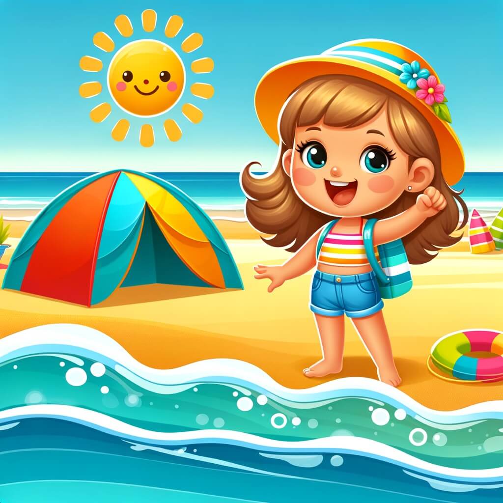 Une illustration pour enfants représentant une petite fille pleine d'excitation, prête à vivre des aventures estivales, dans un décor idyllique de plage et de camping.
