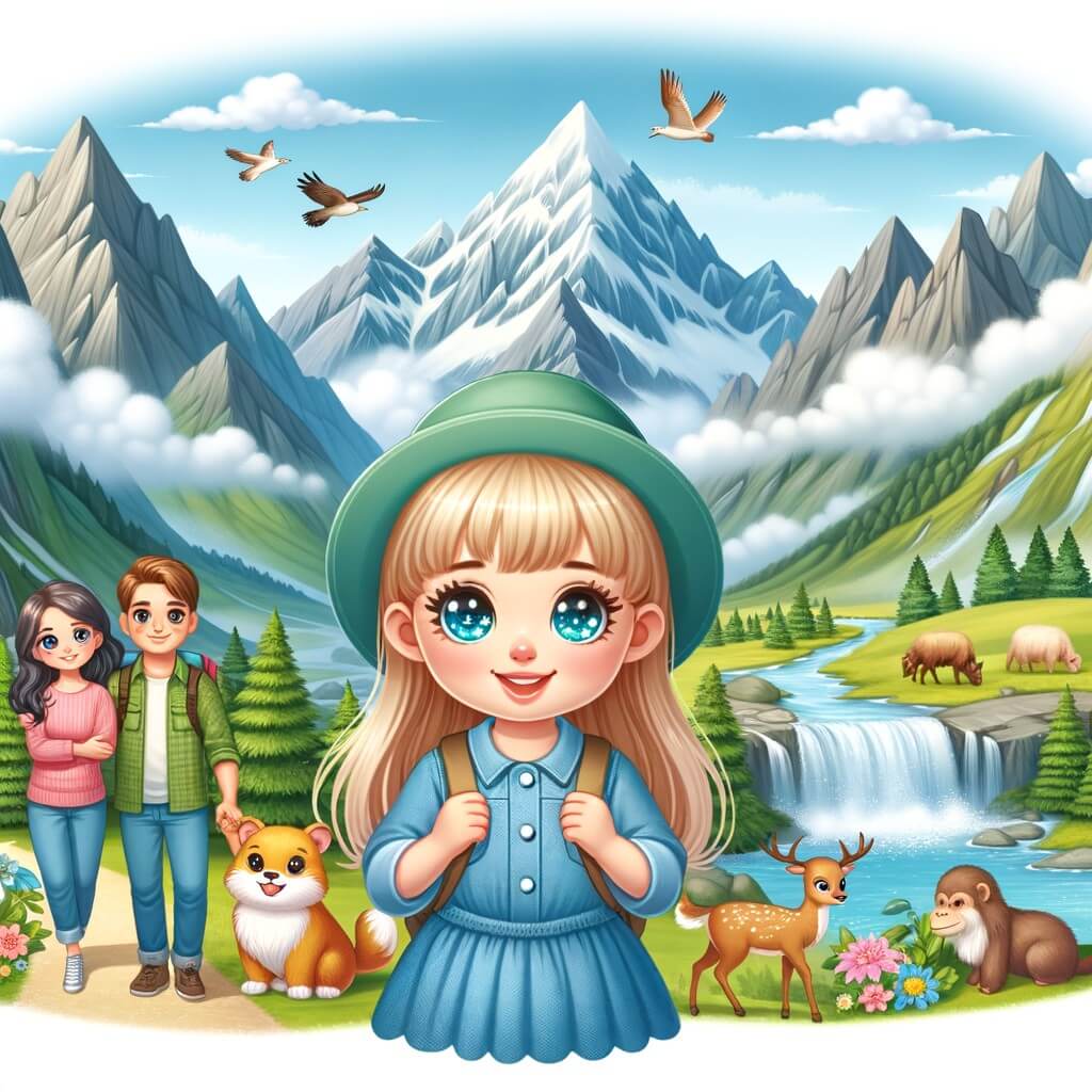 Une illustration pour enfants représentant une petite fille pleine de joie, vivant une aventure estivale au cœur des majestueuses montagnes.