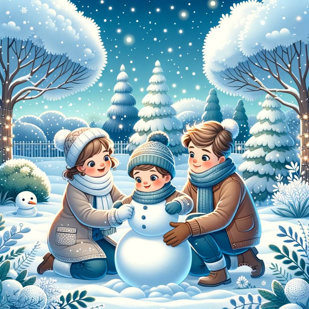Une illustration destinée aux enfants représentant un petit garçon, émerveillé par la première neige, construisant un bonhomme de neige avec l'aide de ses parents, dans un jardin recouvert de neige immaculée avec des arbres aux branches givrées.