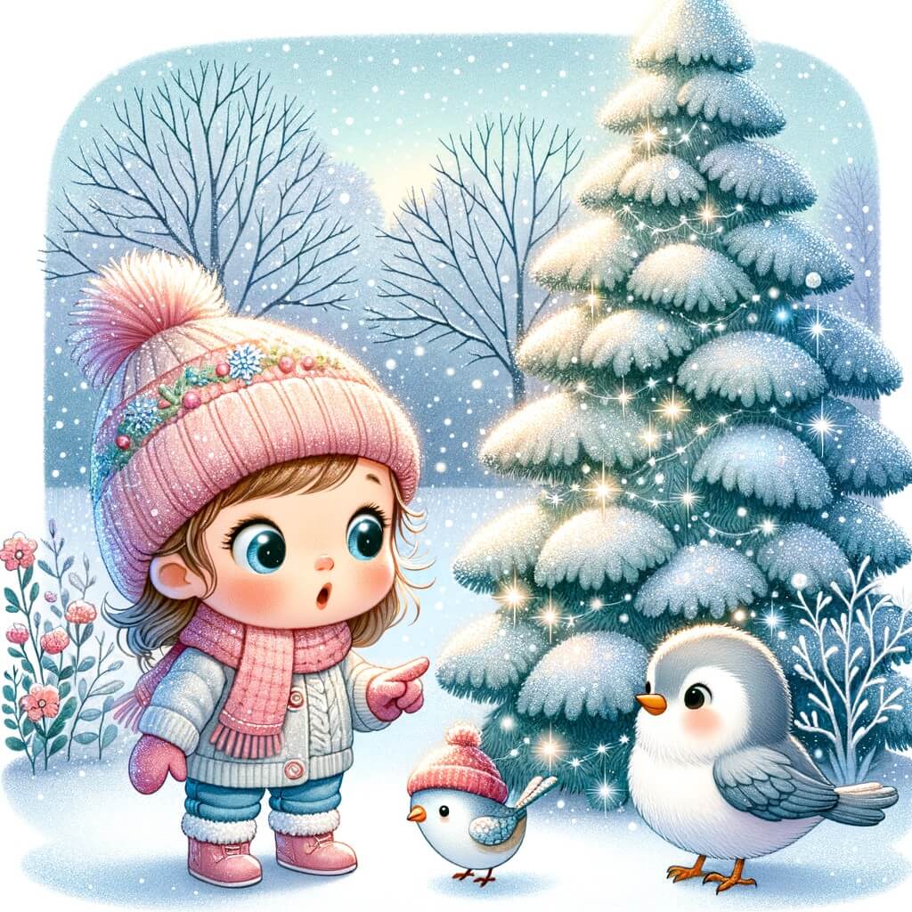 Une illustration destinée aux enfants représentant une petite fille émerveillée par la neige, accompagnée d'un oiseau frigorifié, découvrant un jardin recouvert d'un manteau blanc et étincelant, avec un grand sapin enneigé en arrière-plan.