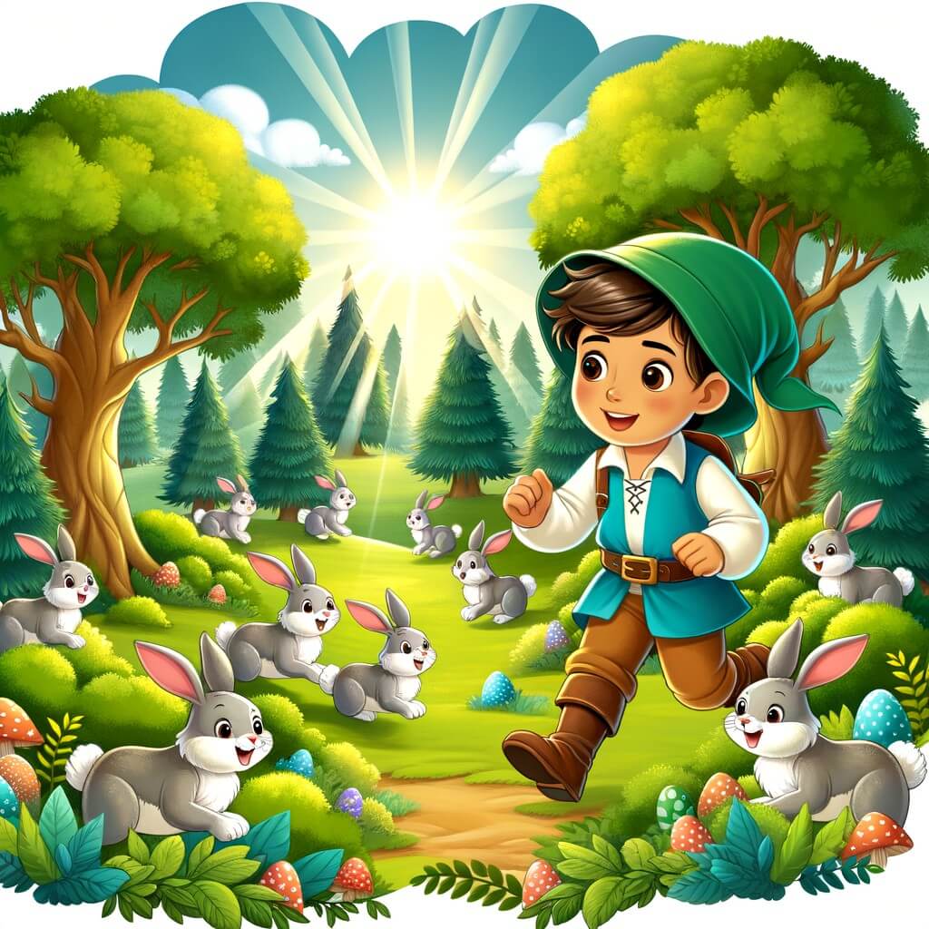 Une illustration destinée aux enfants représentant un petit garçon passionné d'aventures, découvrant une forêt enchantée remplie de lapins joyeux, entourée de majestueux arbres verts et baignée par la lumière magique du soleil, à l'approche de Pâques.