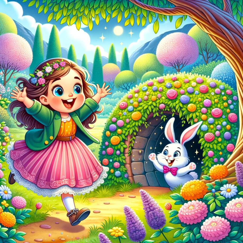 Une illustration destinée aux enfants représentant une petite fille enthousiaste qui découvre un monde magique avec un lapin de Pâques dans une tanière cachée derrière des buissons fleuris dans un parc verdoyant.