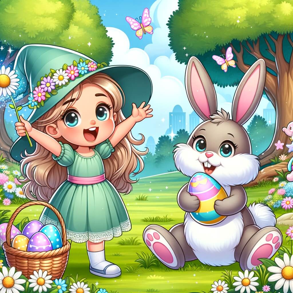 Une illustration destinée aux enfants représentant une petite fille pleine d'excitation à l'approche de Pâques, accompagnée d'un lapin en peluche magique, dans un parc verdoyant parsemé de marguerites et d'arbres majestueux.