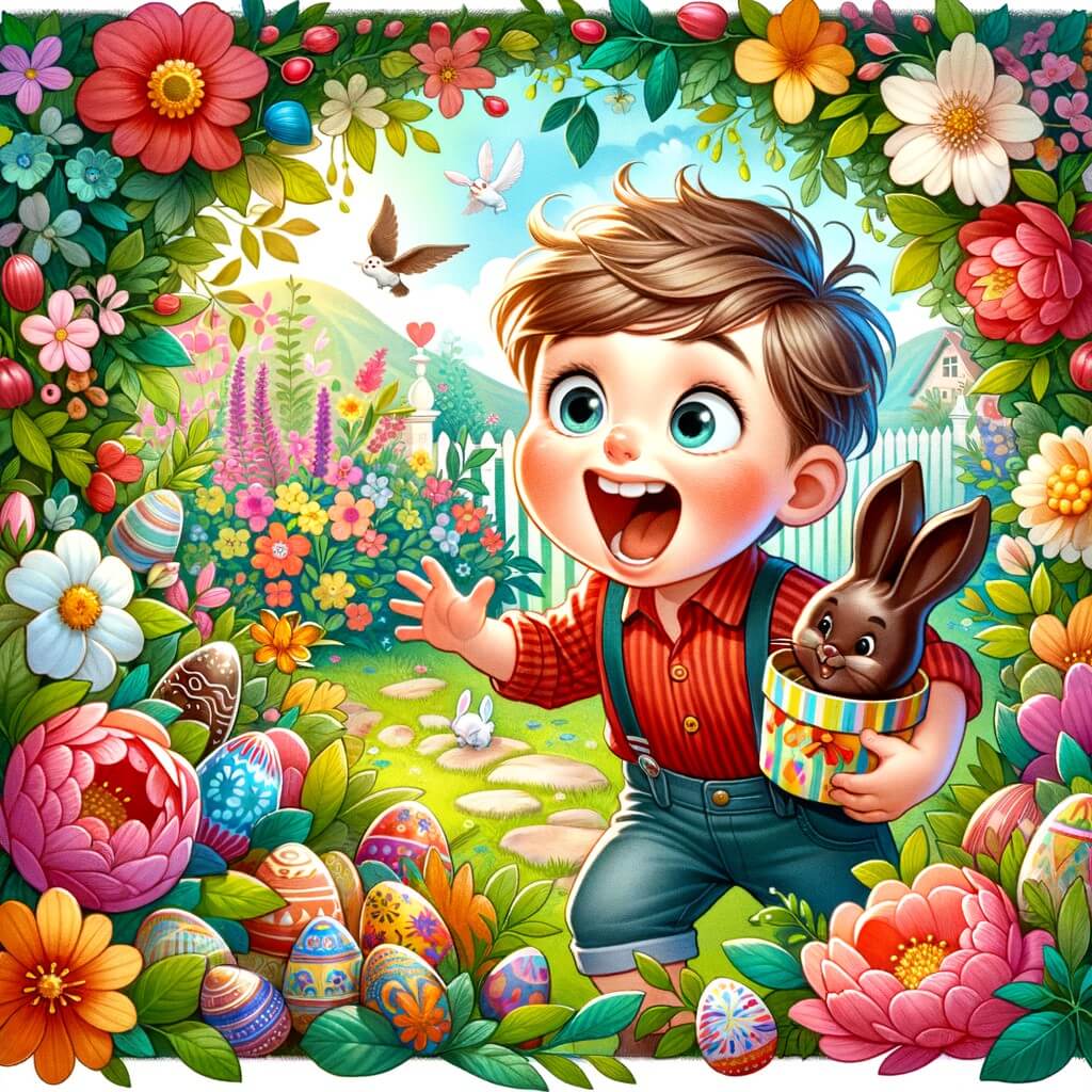 Une illustration destinée aux enfants représentant un petit garçon plein d'excitation à l'approche de Pâques, cherchant des lapins en chocolat cachés dans un jardin fleuri aux couleurs éclatantes.