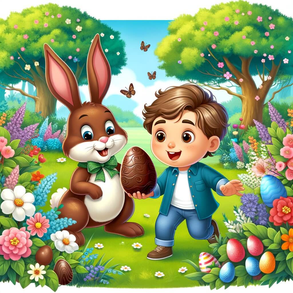 Une illustration destinée aux enfants représentant un petit garçon plein d'excitation, accompagné d'un lapin en chocolat magique, cherchant des œufs en chocolat cachés dans un parc printanier rempli de fleurs colorées et d'arbres verdoyants.