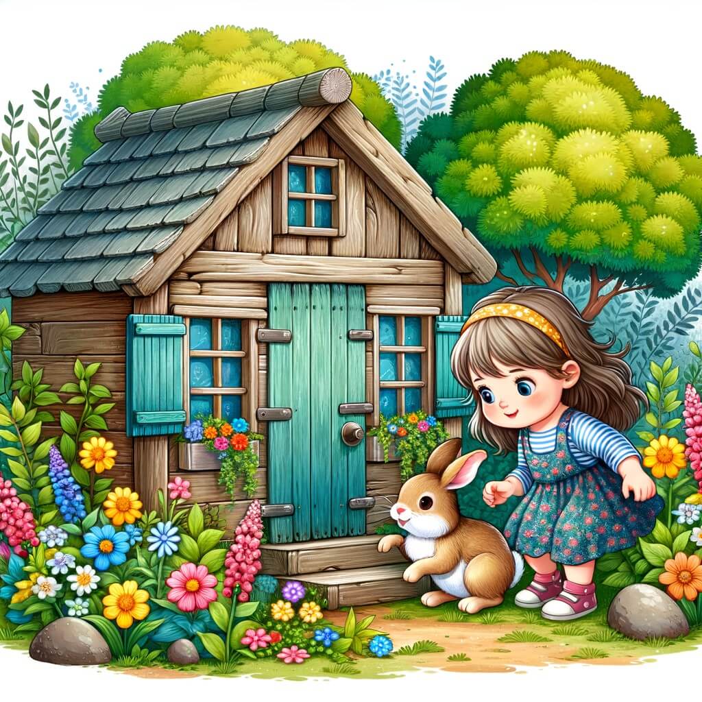 Une illustration pour enfants représentant une petite fille curieuse découvrant une cabane magique lors d'une chasse aux trésors de Pâques dans un jardin enchanté.