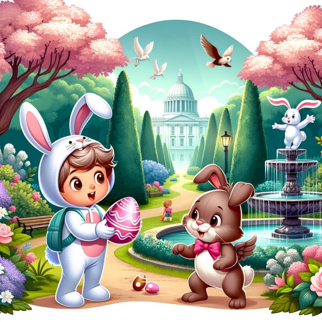 Une illustration destinée aux enfants représentant un petit garçon déguisé en lapin, à la recherche d'œufs en chocolat, accompagné d'un mystérieux Lapin de Pâques, dans un parc fleuri aux arbres majestueux et une fontaine en forme de lapin.