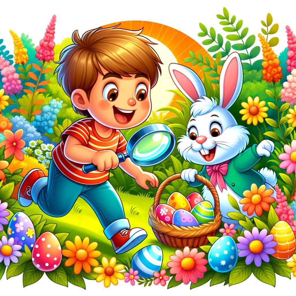 Une illustration destinée aux enfants représentant un petit garçon plein d'énergie à la recherche d'œufs de Pâques, accompagné d'une joyeuse Mme Lapin, dans un jardin fleuri aux couleurs éclatantes.
