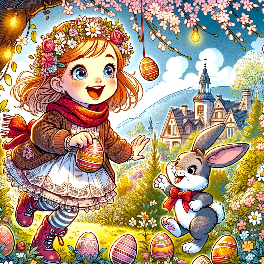 Une illustration destinée aux enfants représentant une petite fille excitée à l'idée de chercher des œufs en chocolat dans un jardin fleuri, accompagnée d'un lapin de Pâques souriant, dans une ambiance lumineuse et joyeuse.