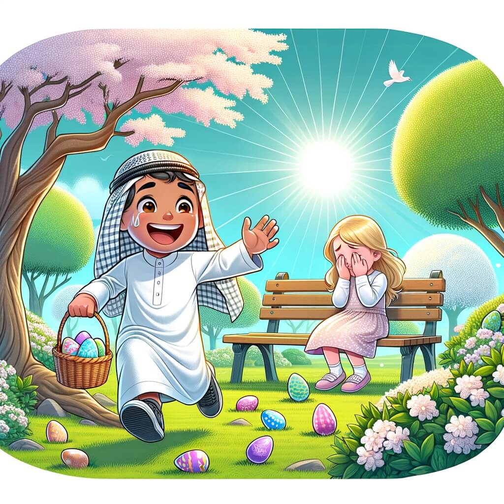 Une illustration destinée aux enfants représentant un petit garçon plein d'enthousiasme, participant à une chasse aux œufs de Pâques dans un parc verdoyant rempli d'arbres fleuris, avec en toile de fond un ciel bleu et des rayons de soleil éclatants, tandis qu'une petite fille en pleurs sur un banc attire son attention.