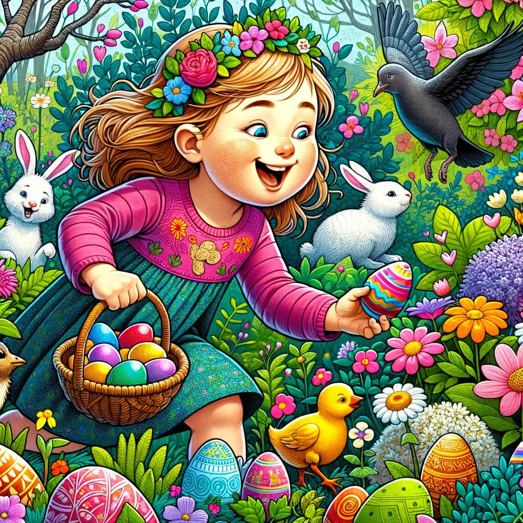 Une illustration destinée aux enfants représentant une petite fille pleine d'excitation, à la recherche d'œufs en chocolat lors d'une chasse de Pâques, accompagnée d'animaux de la nature, dans un magnifique jardin fleuri aux couleurs éclatantes.